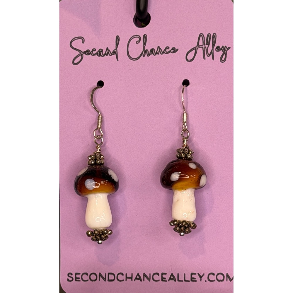 Handcrafted Glass Mushroom Dangle Earrings Brown White Cottagecore New
